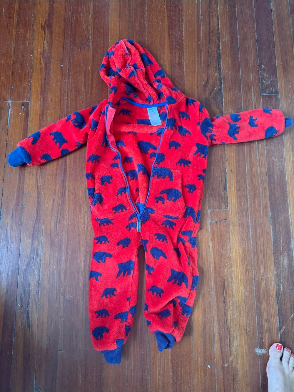 Boden - Red Fleece Hooded Kids One-Piece with Navy Bear Print